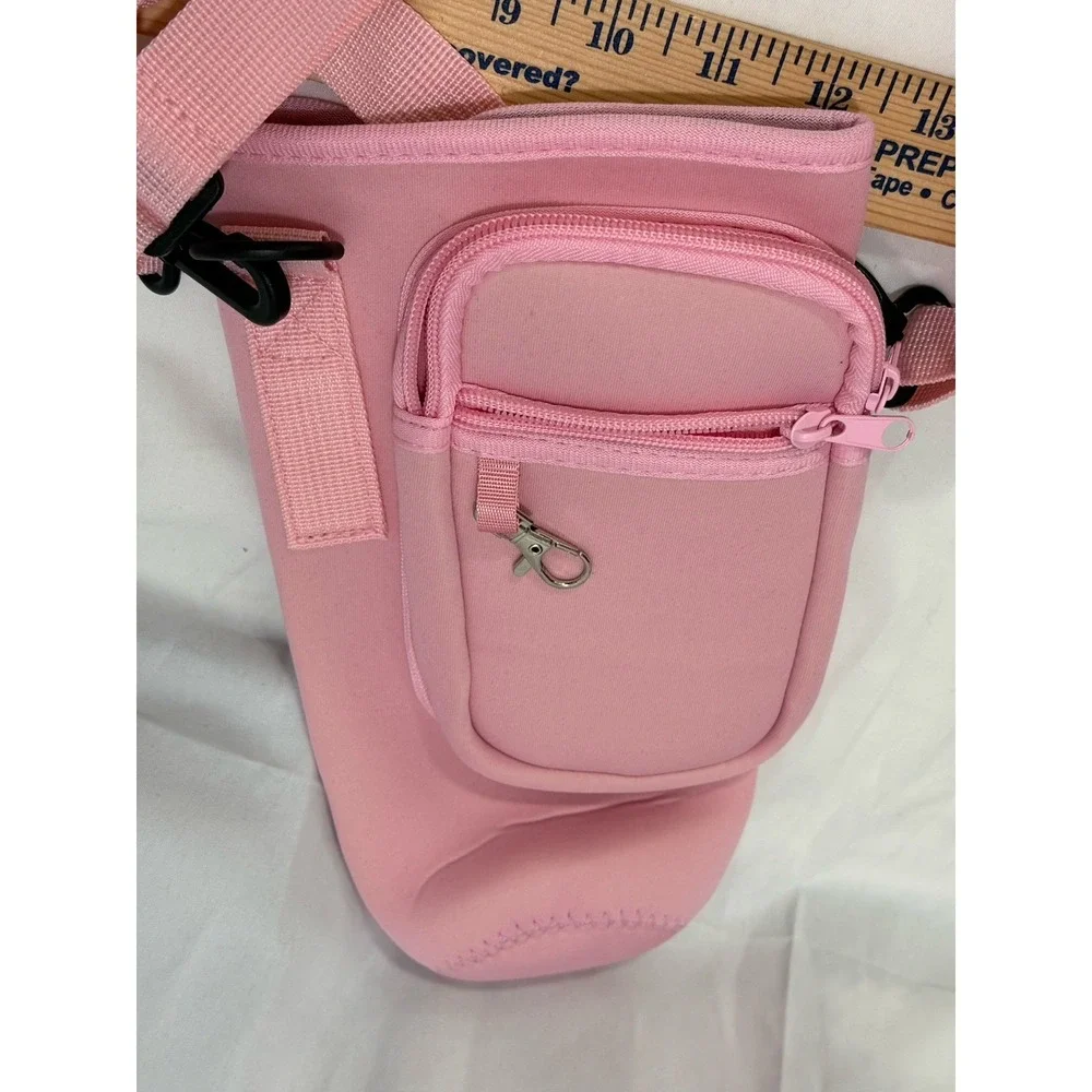 Water Bottle Carry Bag Sleeve Holder with‎ Strap and Phone Pockets & Cards Pink